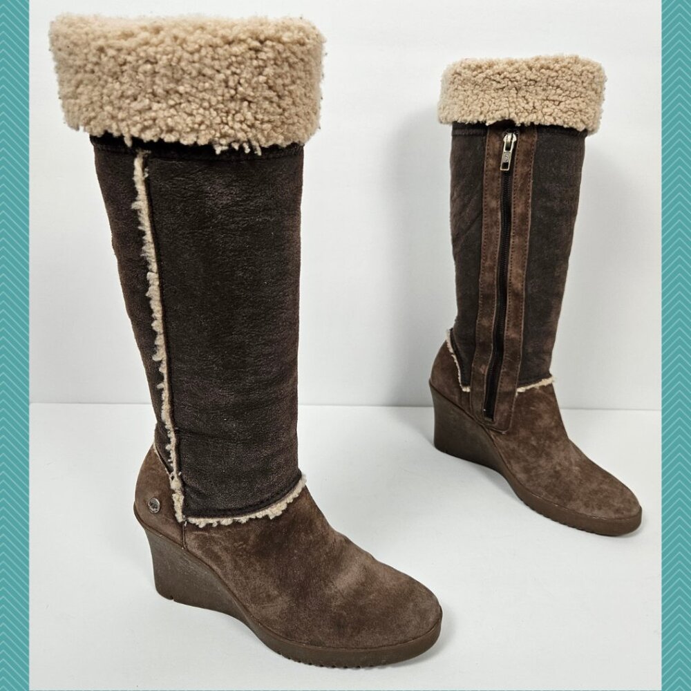 UGG 5451 Brown Suede Sheepskin Lined Knee High Wedge Sandra Boots